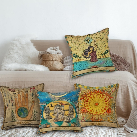4 Tarot Card Tapestry Art Pillow Covers Sun Moon Star World 18x18 Square Zip New - Picture 6 of 6